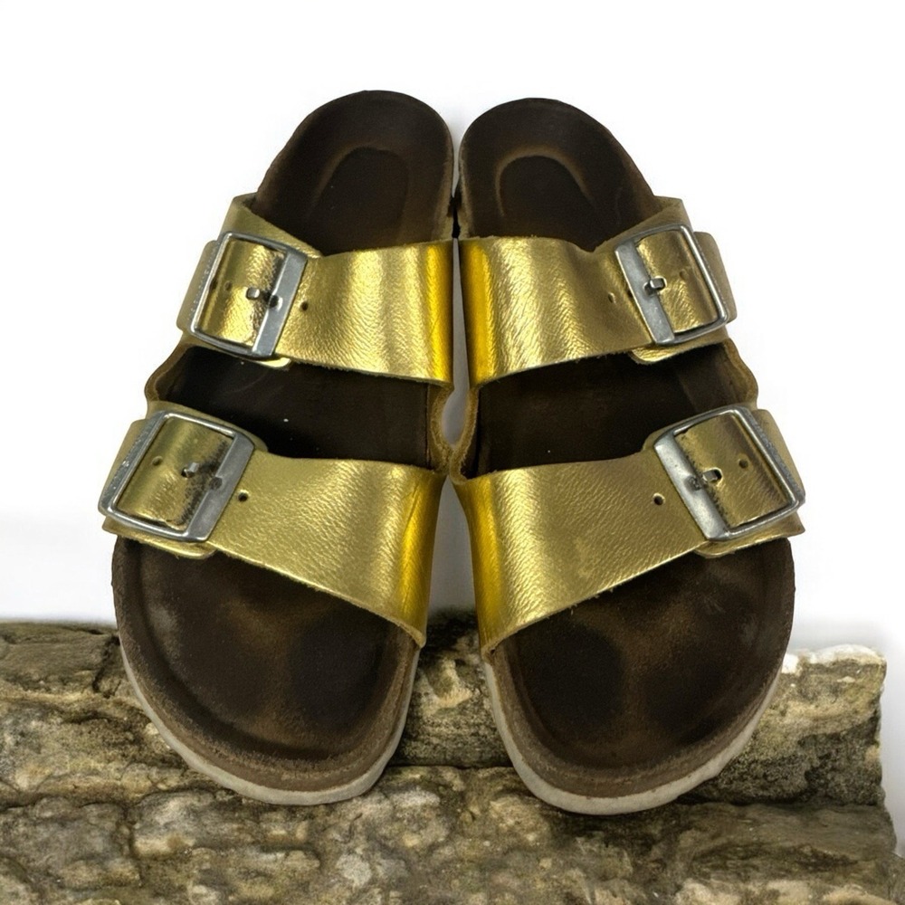 Birkenstock Arizona Womens Soft Footbed Gold Leather Sandals Size 39 8 8.5
